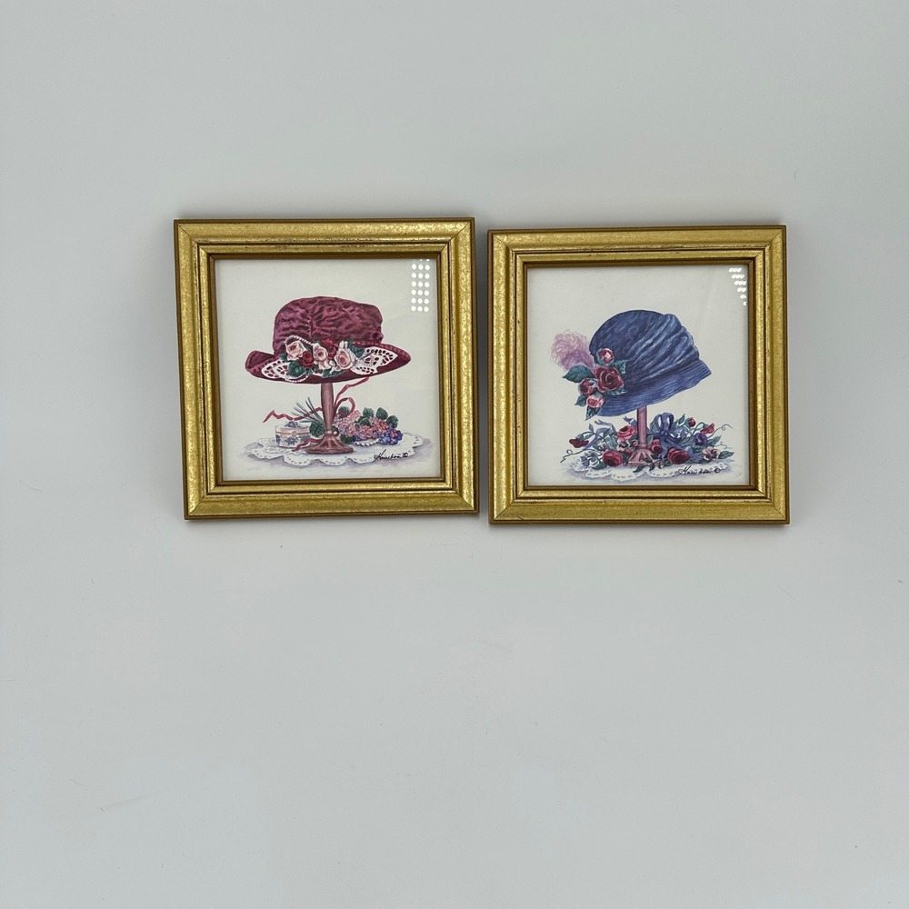 Hamilton Vintage Style Millinery Hat Art Prints Gold Framed Set of 2